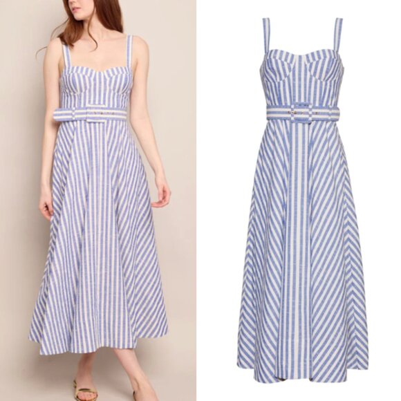 NEW Cara Cara Calypso Midi Dress Sz6 Ivory Blue Striped Seersucker Vacation - Picture 3 of 13